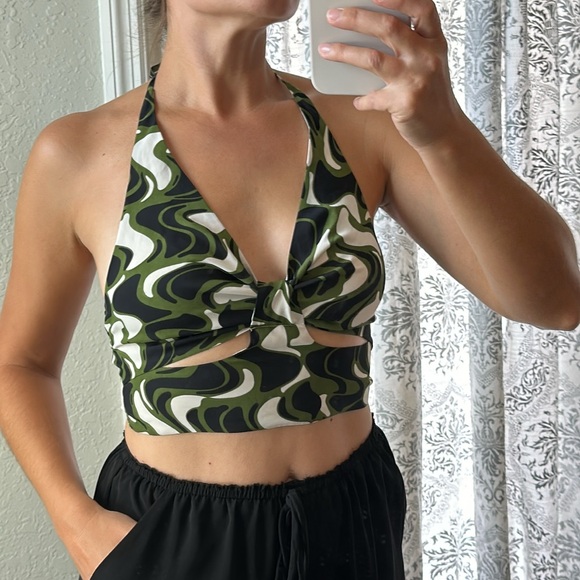 Stella Dallas Rainforest Night swirl cut out halter crop tops long tie back - Picture 4 of 7